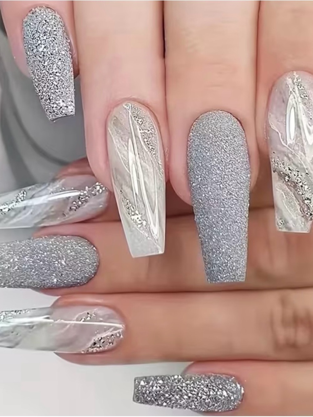 Silver Glitter Marble Acrylic Nail Set - Women Accessories